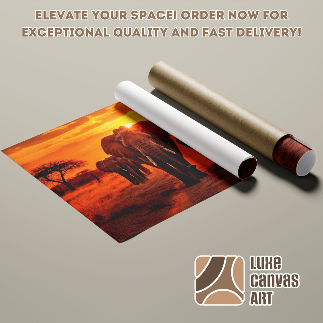 Poster Roll of elephants in sunset, warm orange tones, perfect wall art.