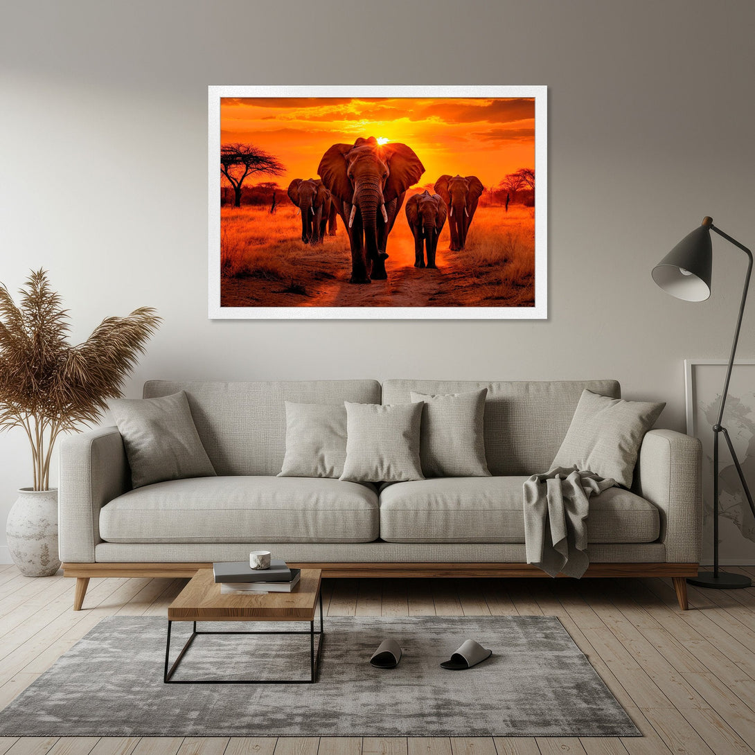 Framed Poster featuring elephants at sunset. Warm orange and brown color palette. Bring the African savanna to your home!