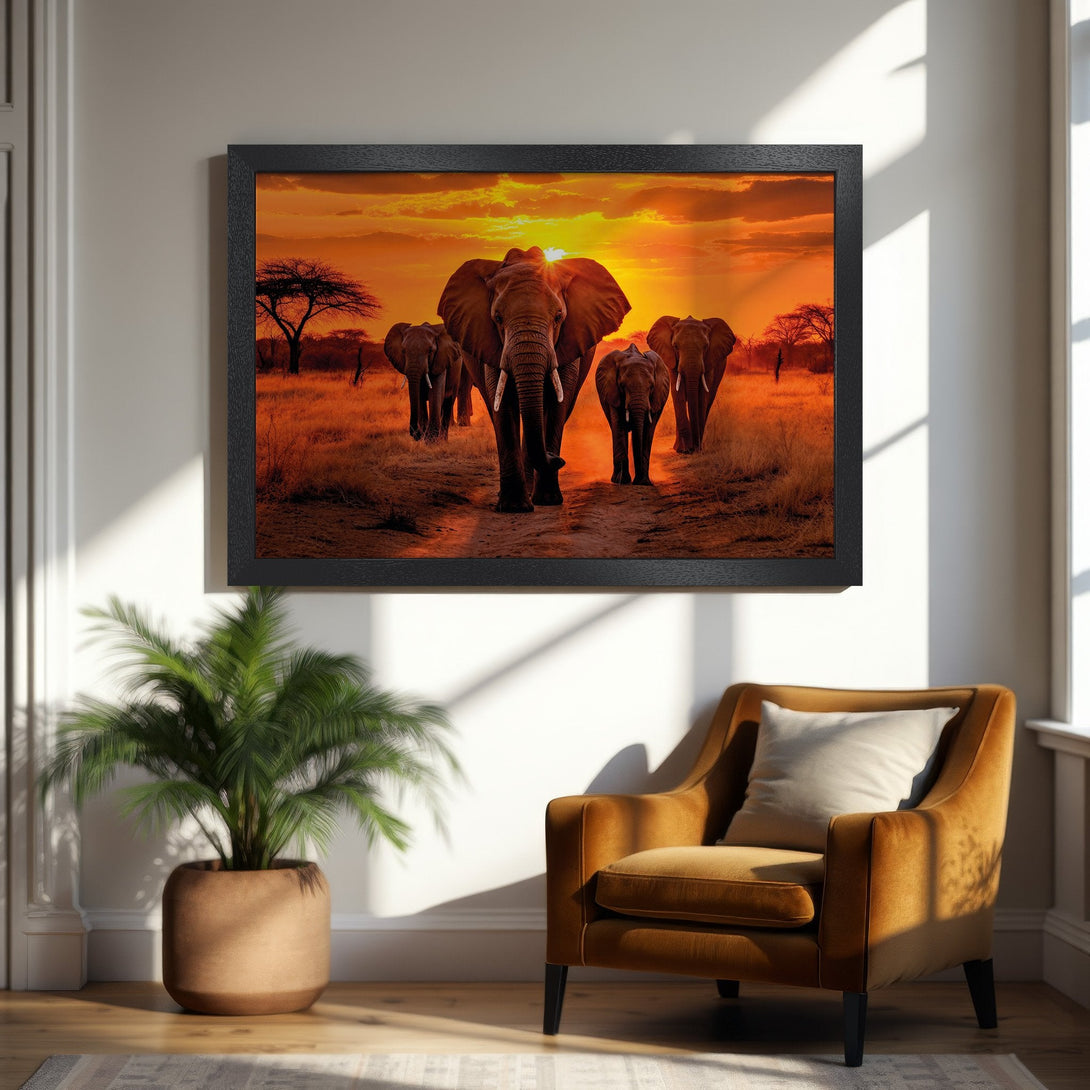 Framed Poster of elephants in sunset, warm orange and brown tones, wildlife art for home decor.