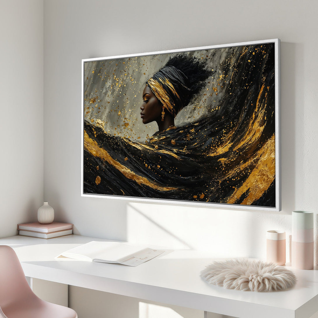 Framed Wall Art: Elegant portrait of a woman in black and gold, abstract style. Perfect for modern decor. Featuring a stunning gold and grey palette.