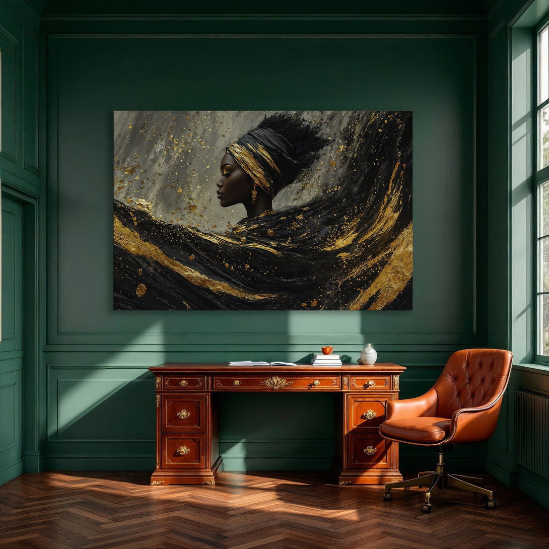 Framed Wall Art: Elegant portrait in black & gold abstract style, perfect for dining room decor. Enhance your space with this stunning canvas print.