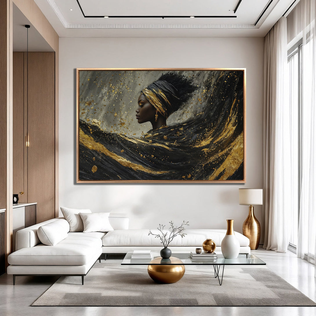 Framed Wall Art featuring a regal woman in black and gold abstract style. Modern art print with a luxurious black, gold, and gray color palette.
