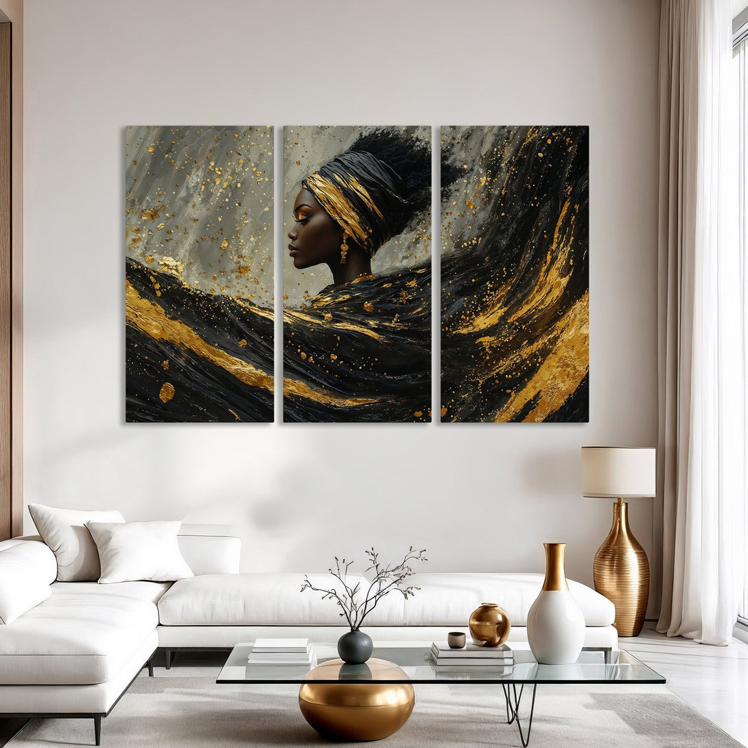 Canvas Print featuring an elegant woman in black and gold abstract art. Modern decor with a luxurious gold and gray color palette.