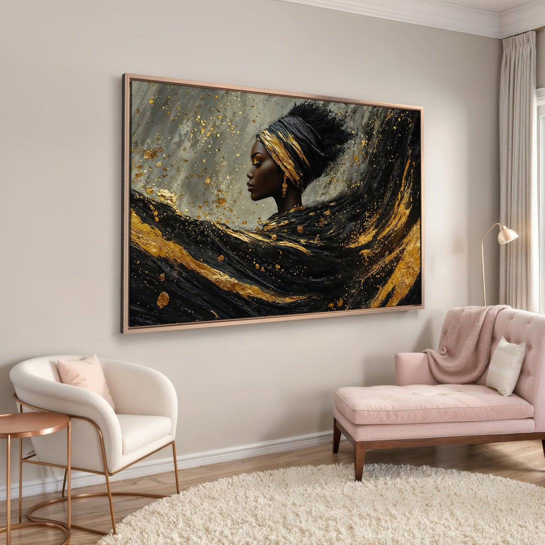 Framed Wall Art featuring an elegant Black woman with gold accents. Modern abstract style with a black, gold, and gray color palette. Perfect for home decor.
