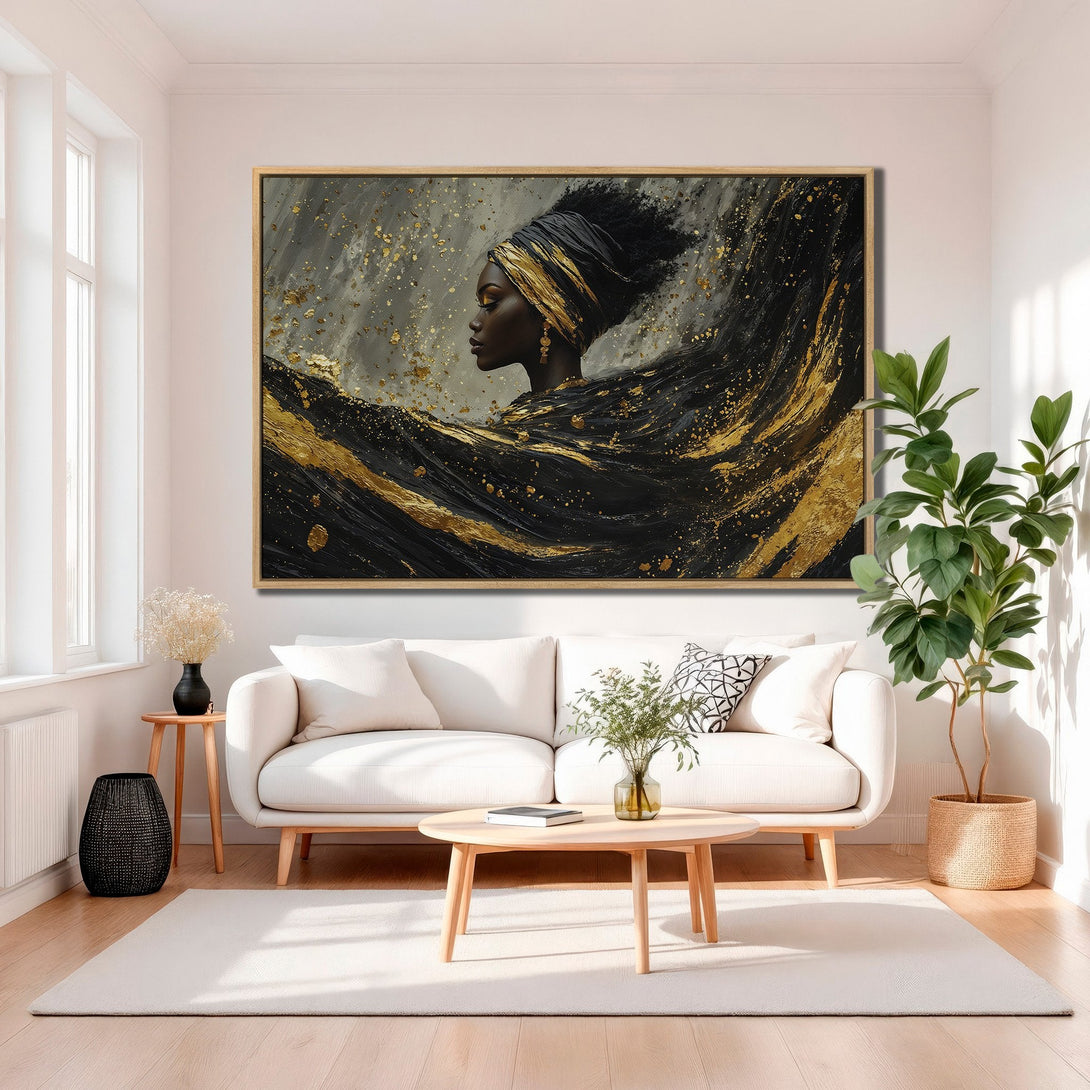Framed Wall Art featuring a striking black and gold abstract portrait. Modern art piece with a dramatic, elegant color palette. Enhance your home decor!