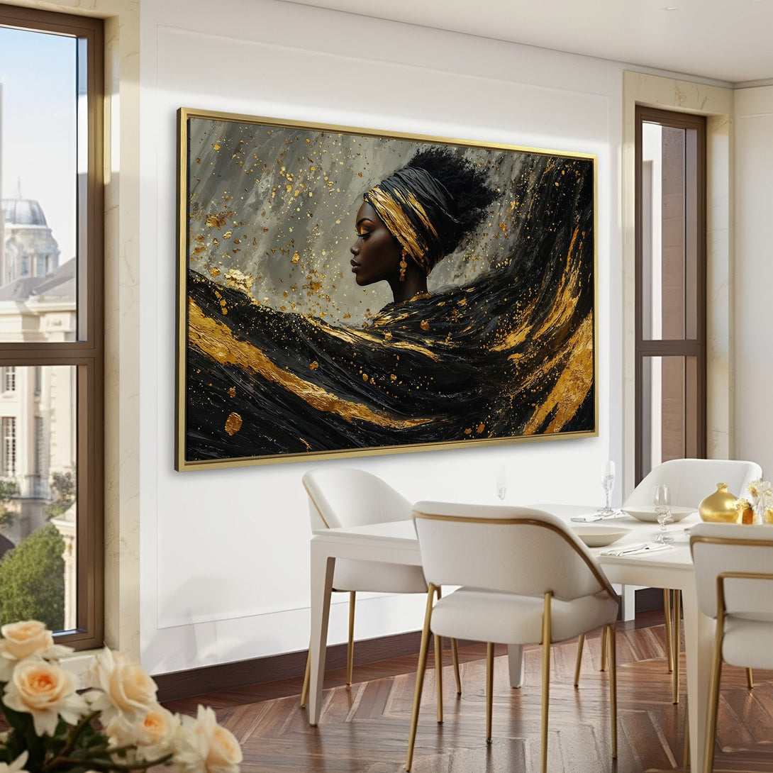 Canvas Print featuring a profile portrait of a woman in black and gold, displayed in an elegant interior. Modern art with a luxurious feel.