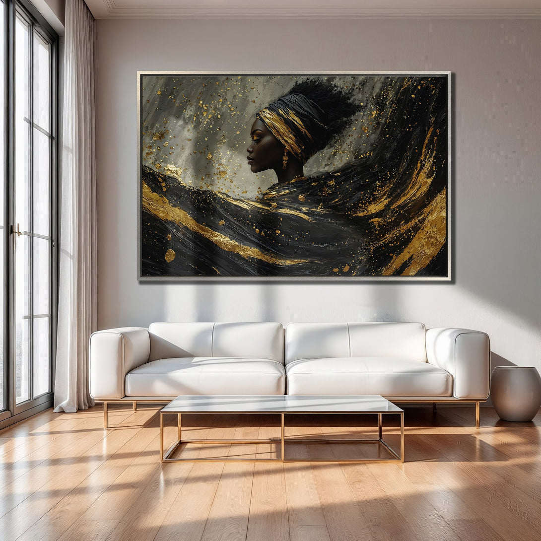 Framed Wall Art: Elegant portrait of a woman in black and gold, modern abstract style. Perfect for living room decor. Black, gold, and gray color palette.