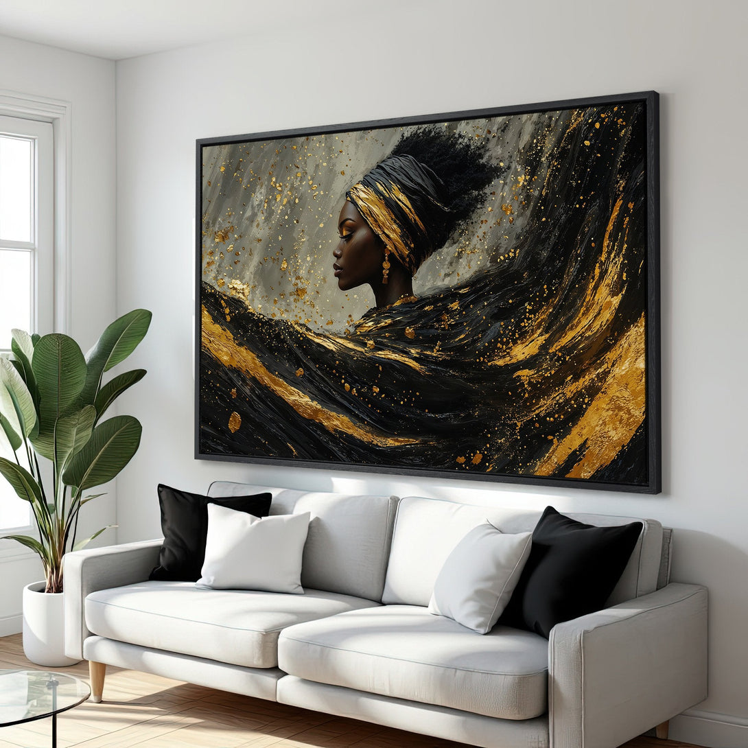 Framed Wall Art featuring an elegant Black woman in a flowing black & gold abstract style. Perfect for adding a touch of luxury to your home decor.