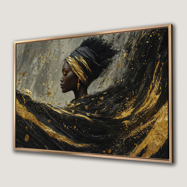 Framed Wall Art: Abstract portrait of a woman in black and gold. Elegant canvas print with a dramatic, luxurious color palette.