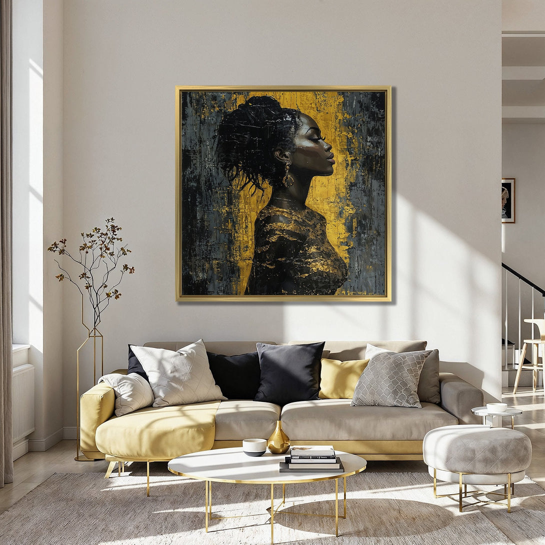 Canvas Print of an elegant woman in profile, abstract style, with black, gold, and gray tones. Perfect wall art for modern interiors.