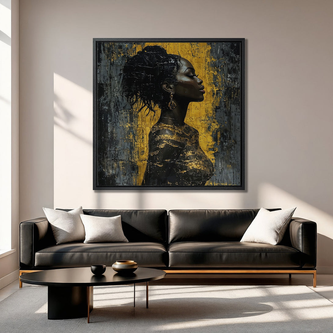 Framed Wall Art: Abstract portrait of a woman in black and gold, displayed in a modern living room. Add a touch of elegance to your home!