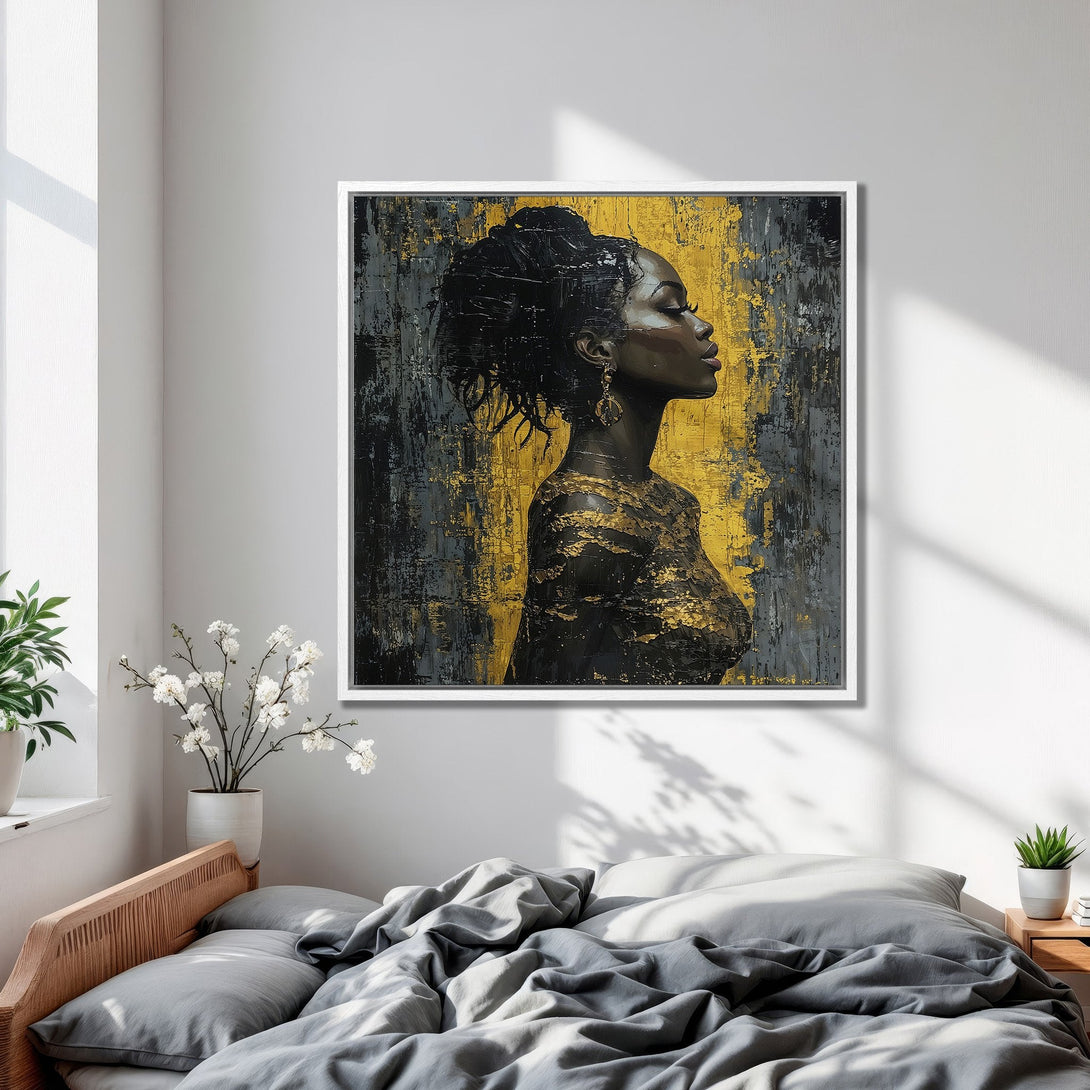 Framed Wall Art: Abstract portrait of a woman with gold accents. Modern art in black, gray, and gold color palette. Add elegance to your home!