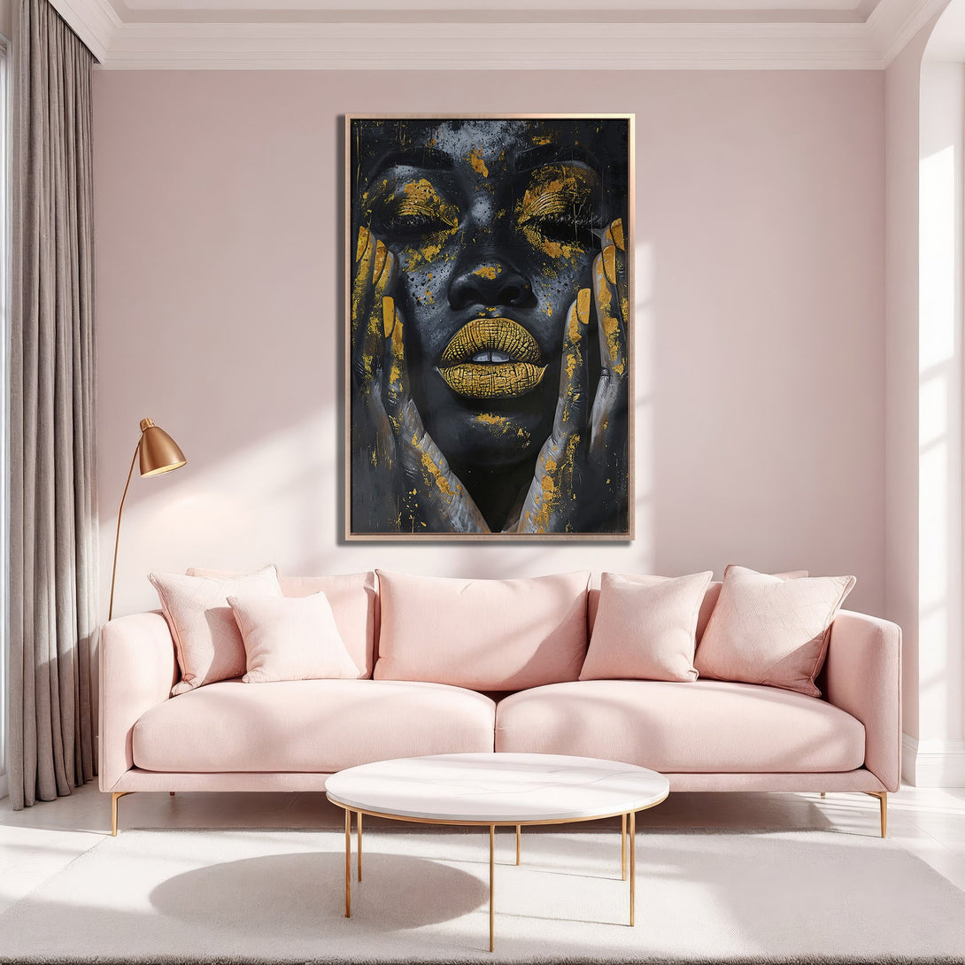 Framed Wall Art: Abstract black and gold portrait canvas print in a modern interior with pink and gold accents. Elevate your space with this stunning artwork.
