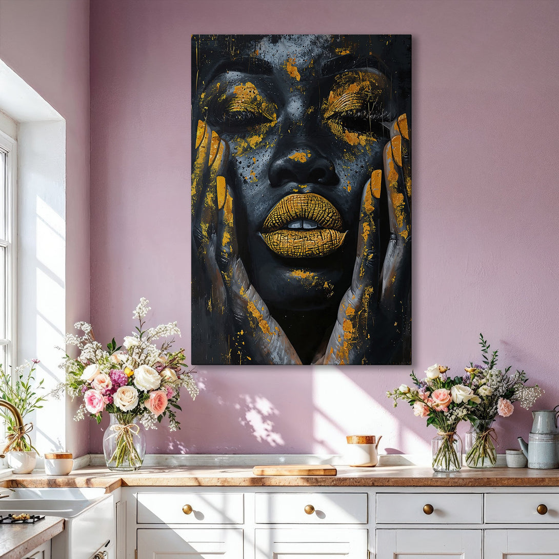 Framed Wall Art: Stunning portrait of a woman with gold accents on a black background. Modern art for home decor. Black, gold, and neutral color palette.