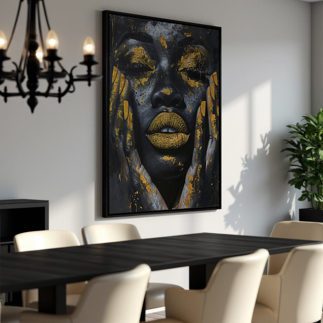 Framed Wall Art: Stunning black and gold portrait canvas print. Modern art with a bold color palette, perfect for dining room decor.