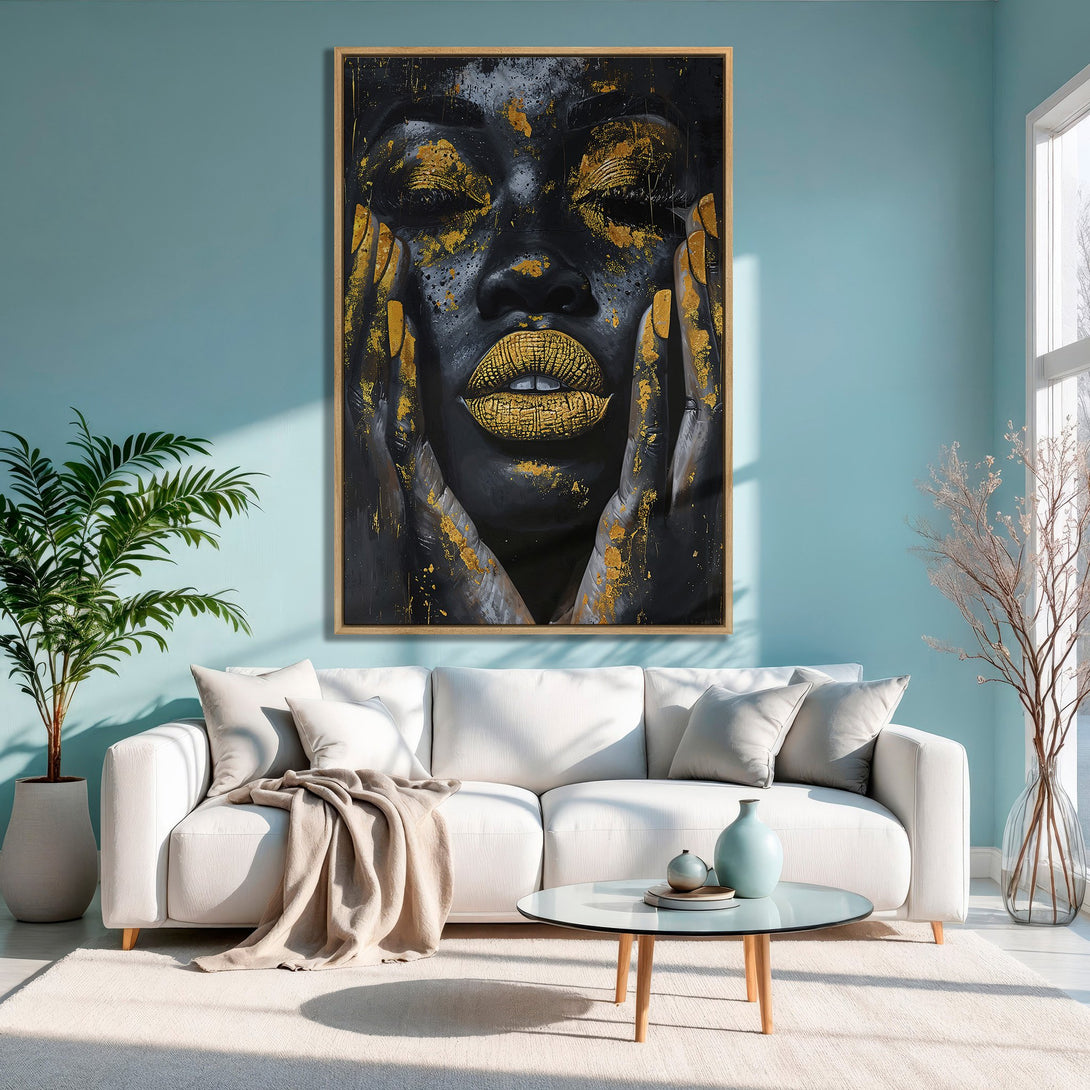 Framed Wall Art: Abstract portrait of a woman in black and gold, displayed in a modern living room with a teal wall. Chic home decor.