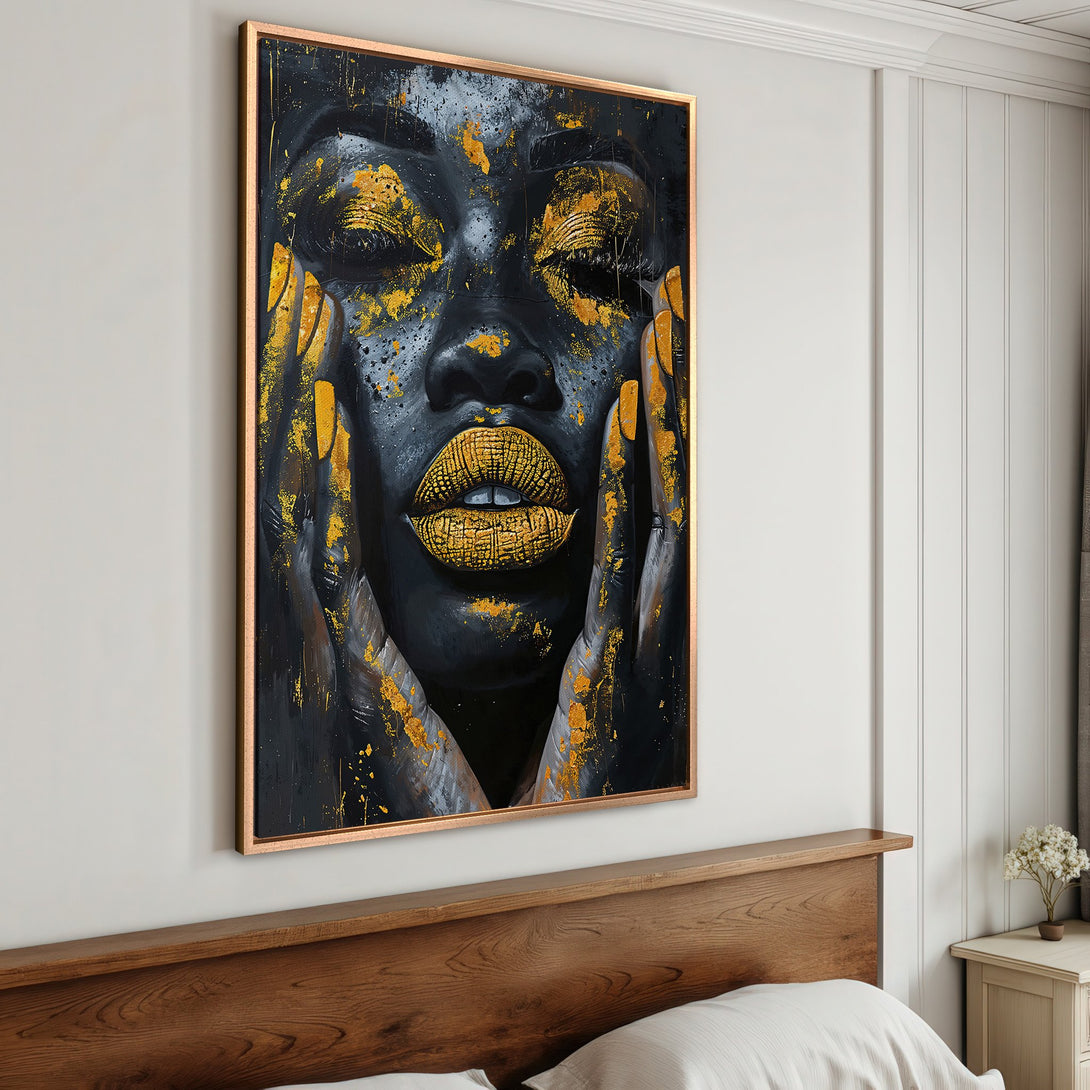 Framed Wall Art: Abstract portrait of a woman in black & gold. Modern art canvas print with a striking color palette, perfect for bedroom decor.