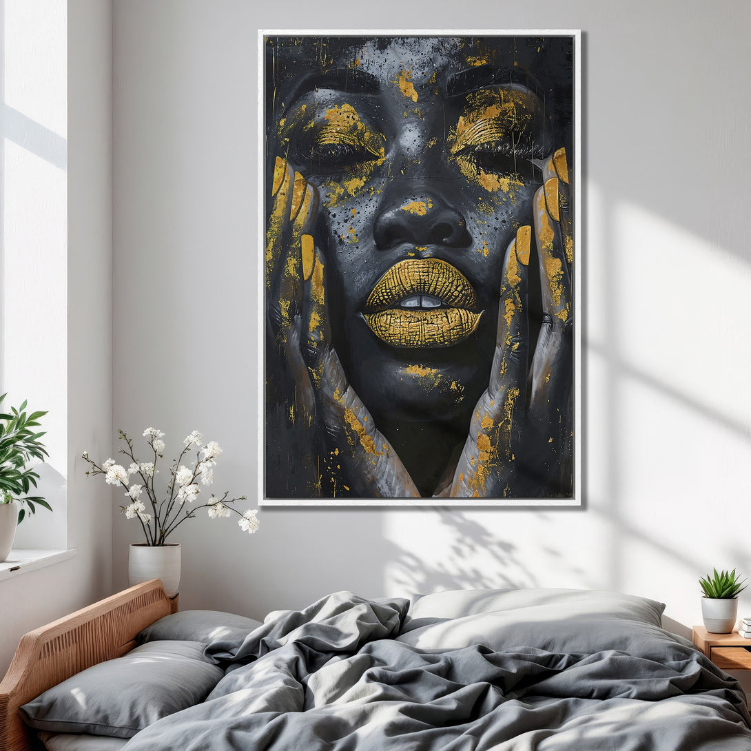 Framed Wall Art: Stunning black & gold portrait canvas print. Modern art for bedroom decor. Luxurious gold accents on a dark background.