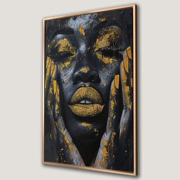 Framed Wall Art: Stunning black & gold abstract portrait canvas print. Modern art with a striking color palette, perfect for adding a touch of elegance.