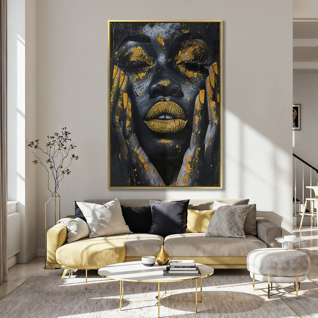 Canvas Print of a woman's face in a modern, abstract style. Features a black, gold, and grey color palette, perfect for home decor.