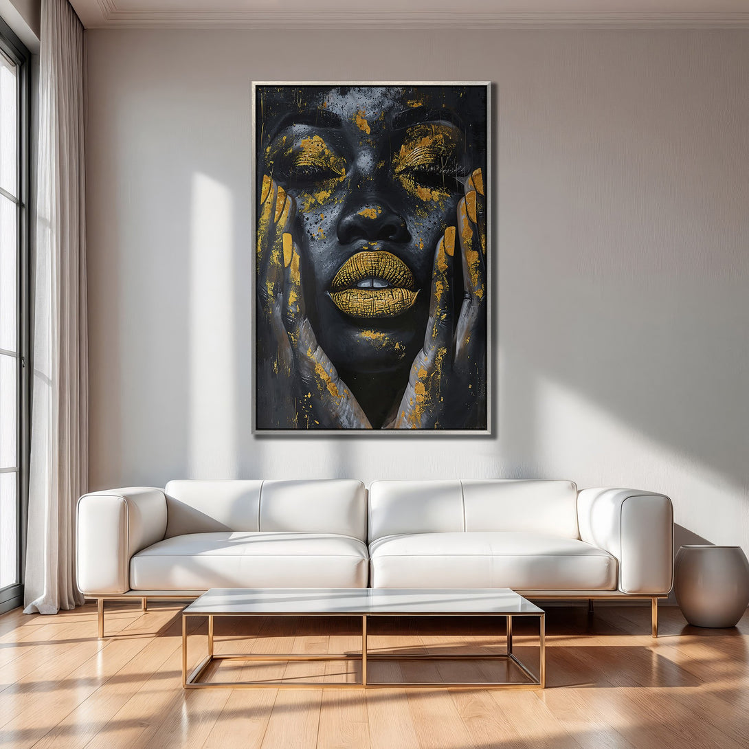 Framed Wall Art of a woman's face in a modern style, featuring black, gold, and gray tones. Perfect for adding a touch of elegance to your home.