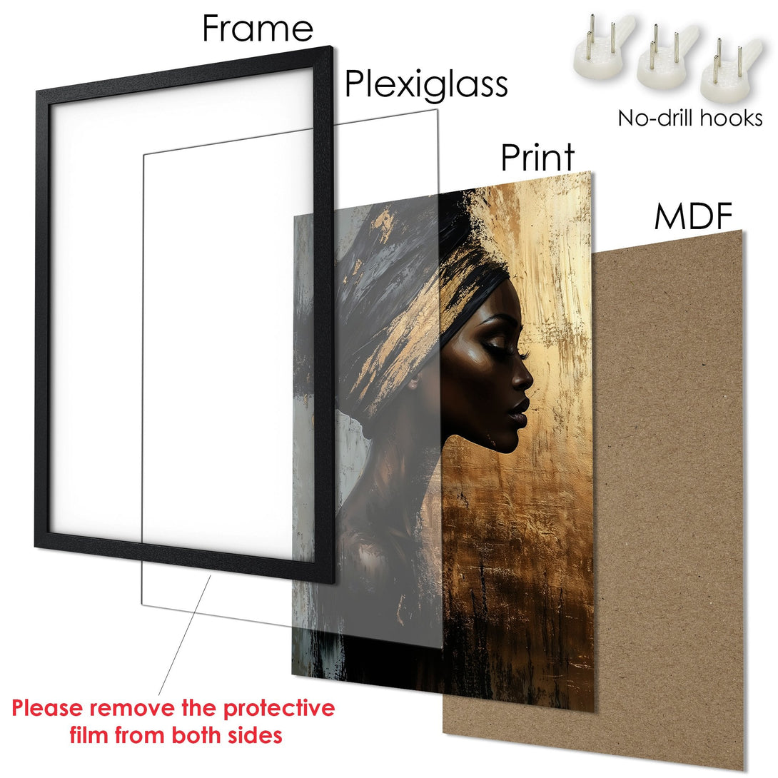 Framed Poster featuring a woman in profile, abstract style, with a gold and brown color palette. Perfect wall art!