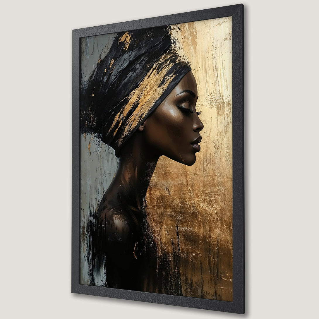 Framed Poster featuring a beautiful Black woman in an abstract style with a gold and black color palette. Add elegance to your space!