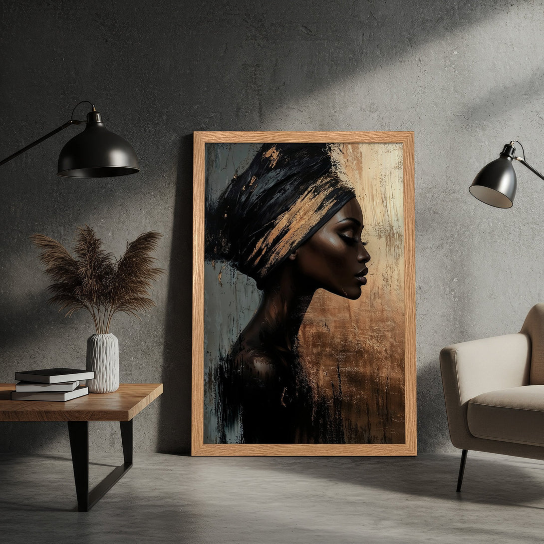 Framed Poster featuring an elegant Black woman, abstract style, with a gold, black, and neutral color palette. Perfect for home decor!