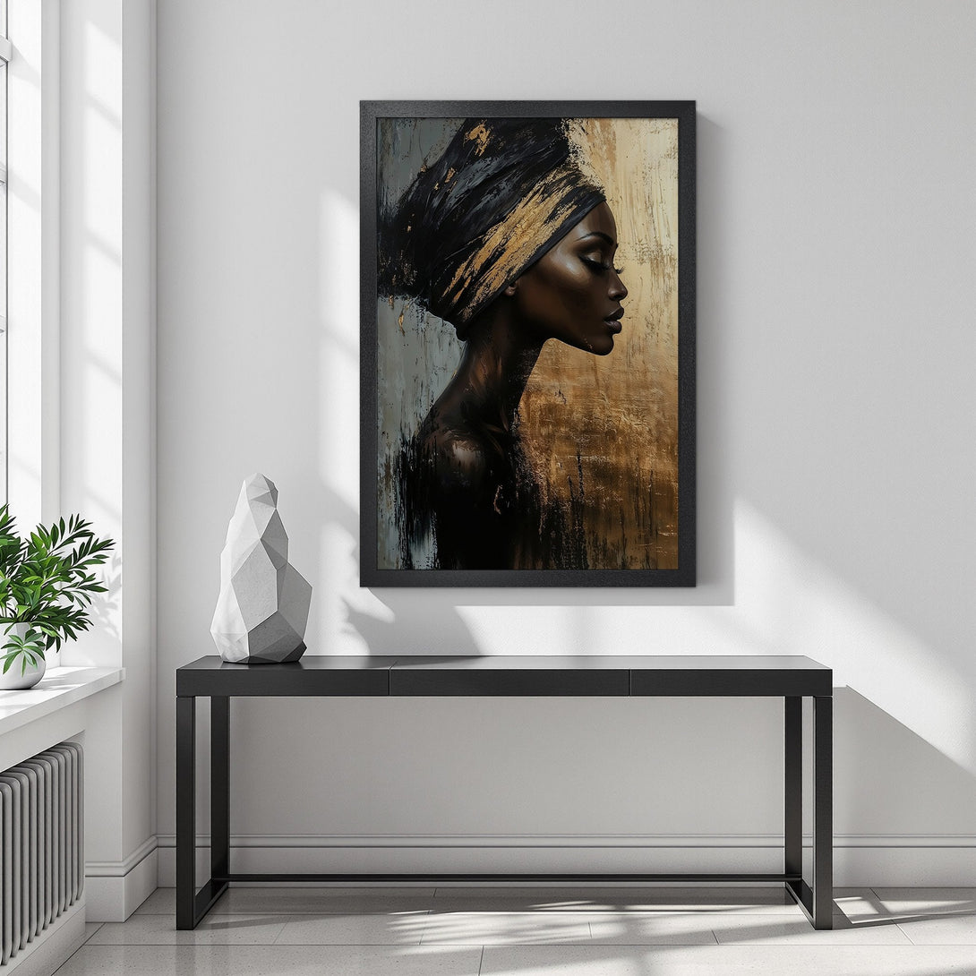 Framed Poster featuring an elegant woman in profile, abstract style, with a gold and black color palette. Add art to your space!