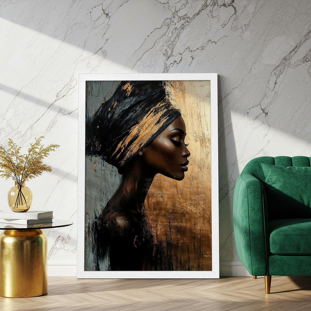Framed Poster featuring a beautiful woman in a turban. Elegant art with a gold, black, and brown color palette. Perfect wall decor.