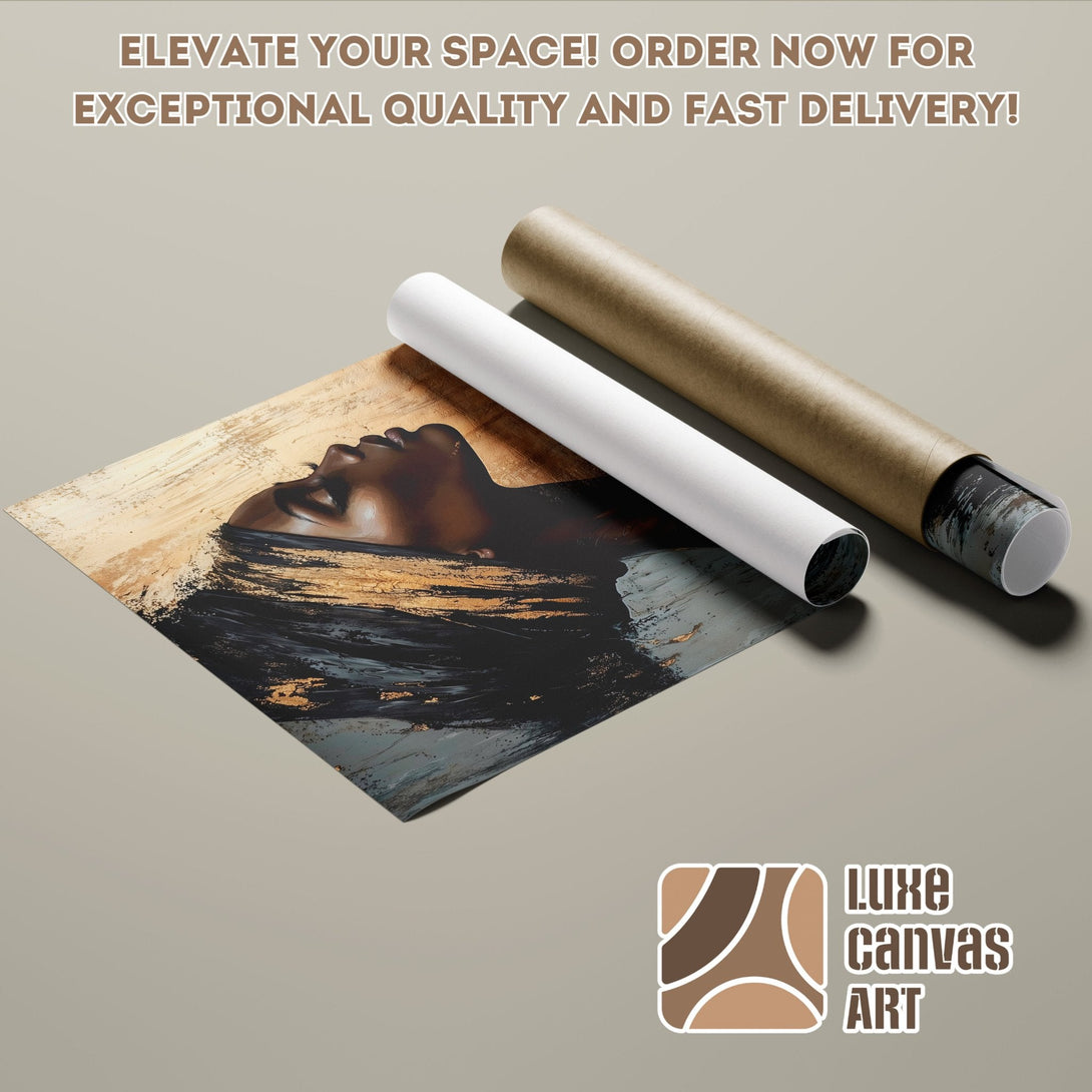Abstract art poster roll with a woman's face, gold, black, and brown color palette. Elevate your space with this beautiful poster!