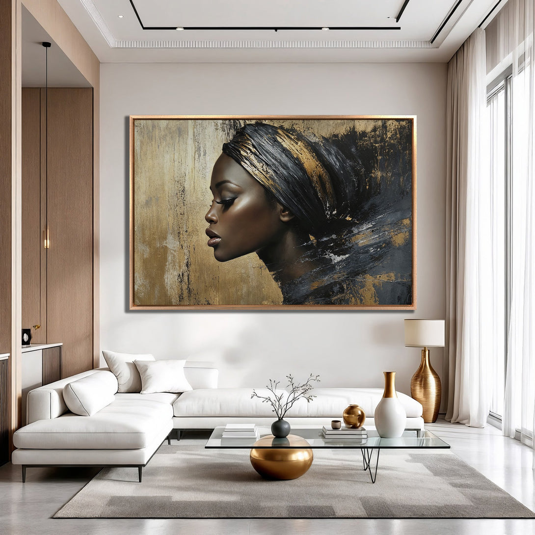 Framed Wall Art featuring an abstract portrait of a woman in black and gold. Modern style with a neutral color palette, perfect for elegant interiors.