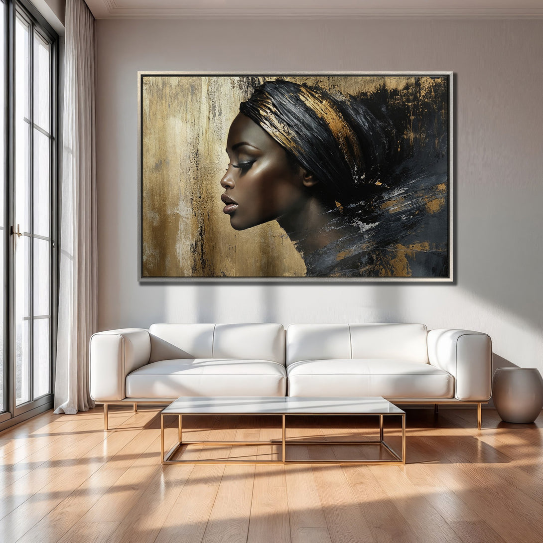 Framed Wall Art: Abstract portrait of a woman in gold and black. Modern canvas print with neutral color palette, perfect for interior decor.