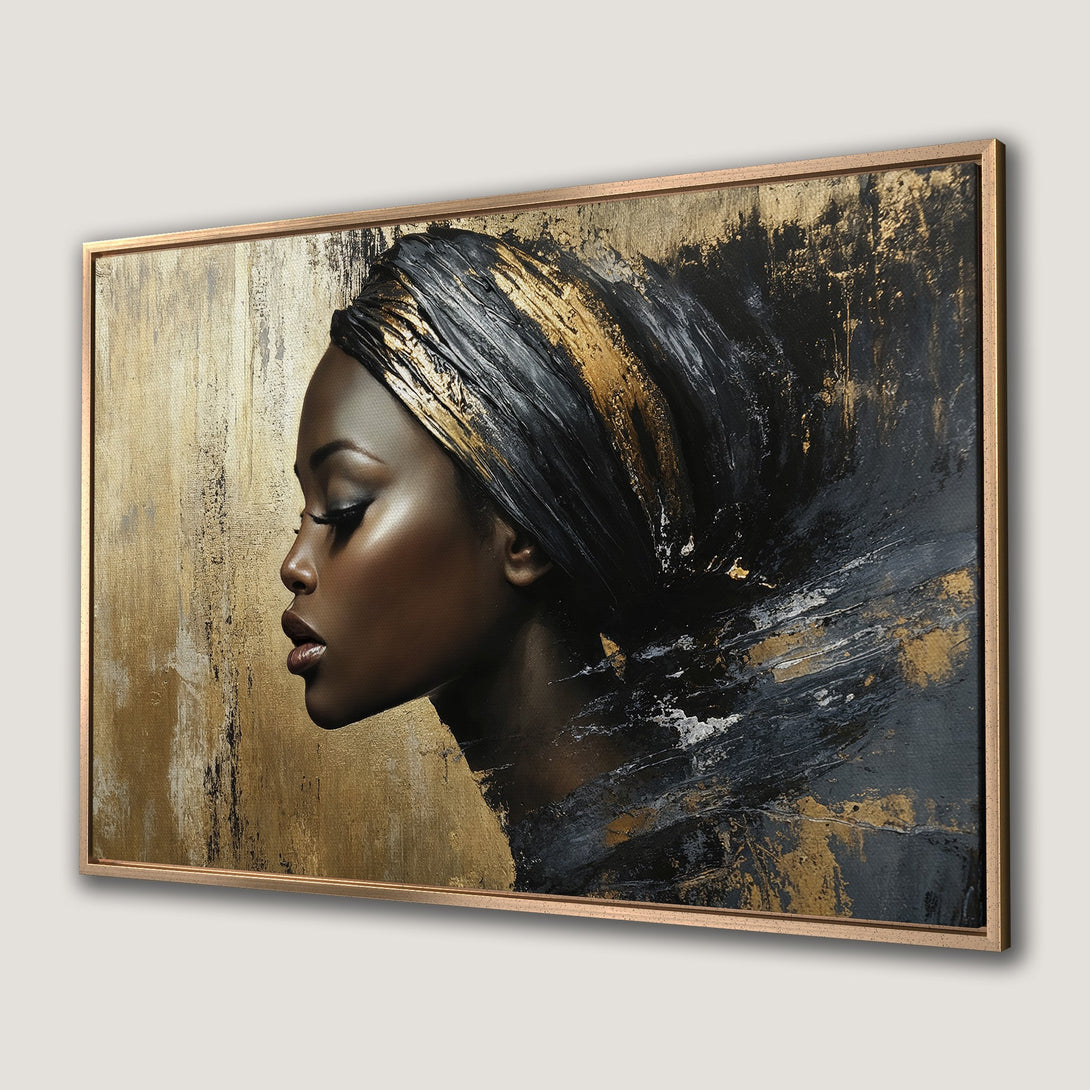 Framed Wall Art: Abstract portrait of a woman with gold and black accents. Elegant canvas print with a luxurious, textured finish. Perfect for modern decor.