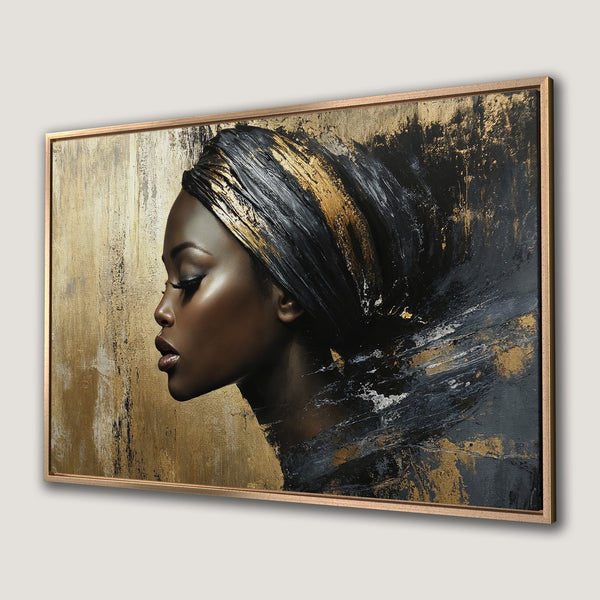 Framed Wall Art: Abstract portrait of a woman with gold and black accents. Elegant canvas print with a luxurious, textured finish. Perfect for modern decor.