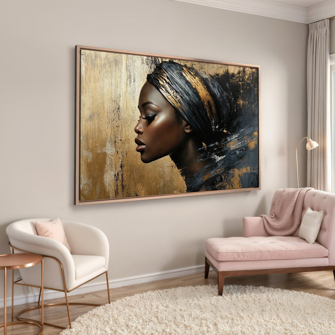 Framed Wall Art: Elegant portrait of a woman with gold and black accents. Modern art with a warm, neutral color palette, perfect for home decor.