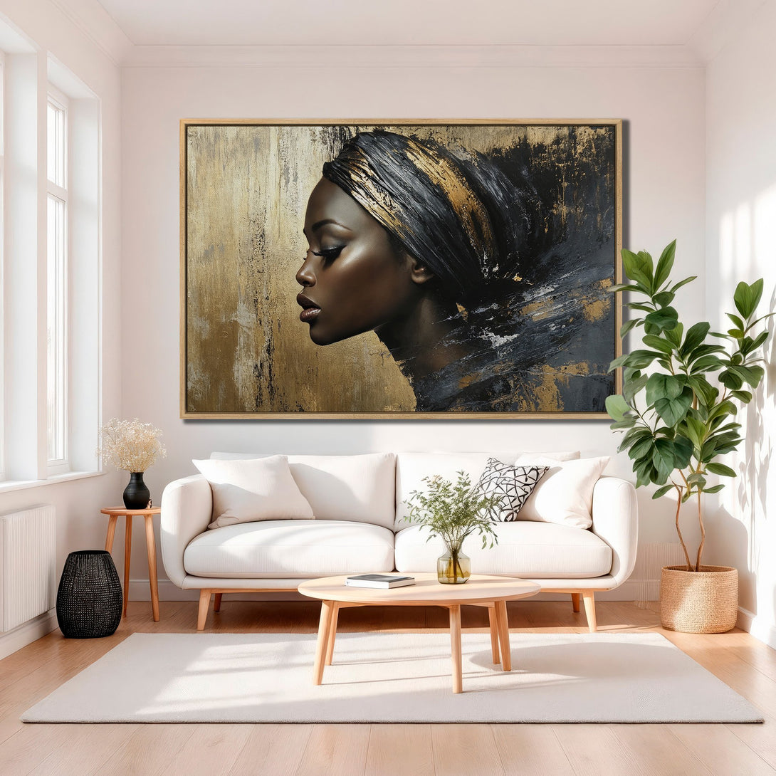 Framed Wall Art featuring an elegant Black woman portrait in gold, black, and neutral tones. Modern art for a stylish interior.