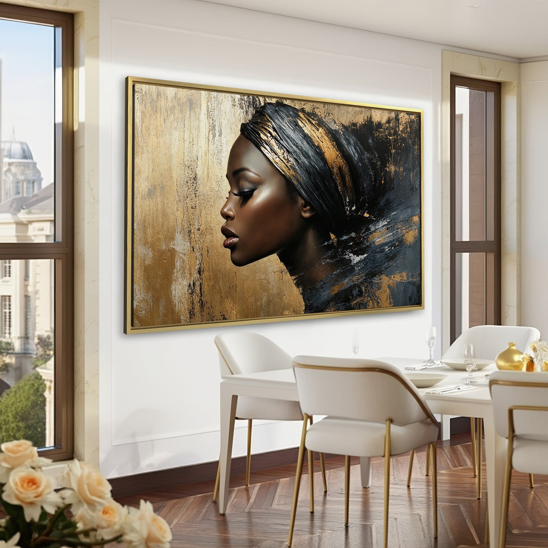 Canvas Print of a woman's portrait in gold and black, displayed in a green room. Modern art for home decor.