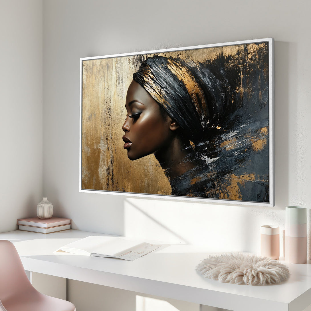 Framed Wall Art: Abstract portrait of a woman in gold and black. Modern style, perfect for adding elegance to any space.