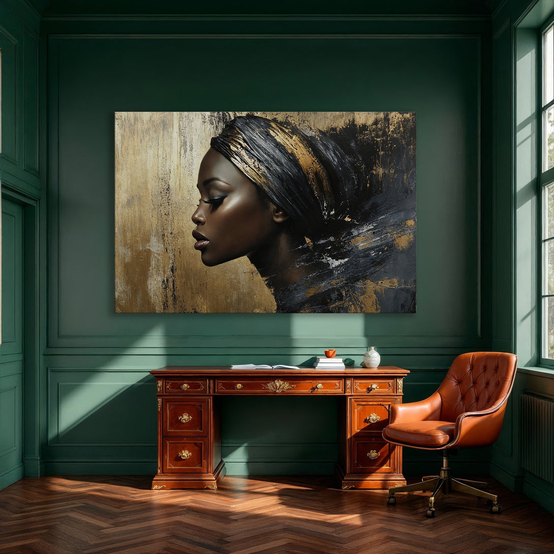 Framed Wall Art: Stunning portrait of a woman with gold and black accents. Modern art for your home, perfect for dining rooms.