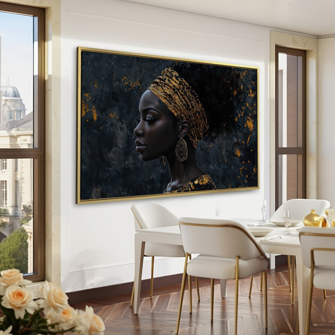 Canvas Print featuring a regal Black woman in gold headwrap. Modern art in a dark, moody palette with gold accents. Elevate your space!