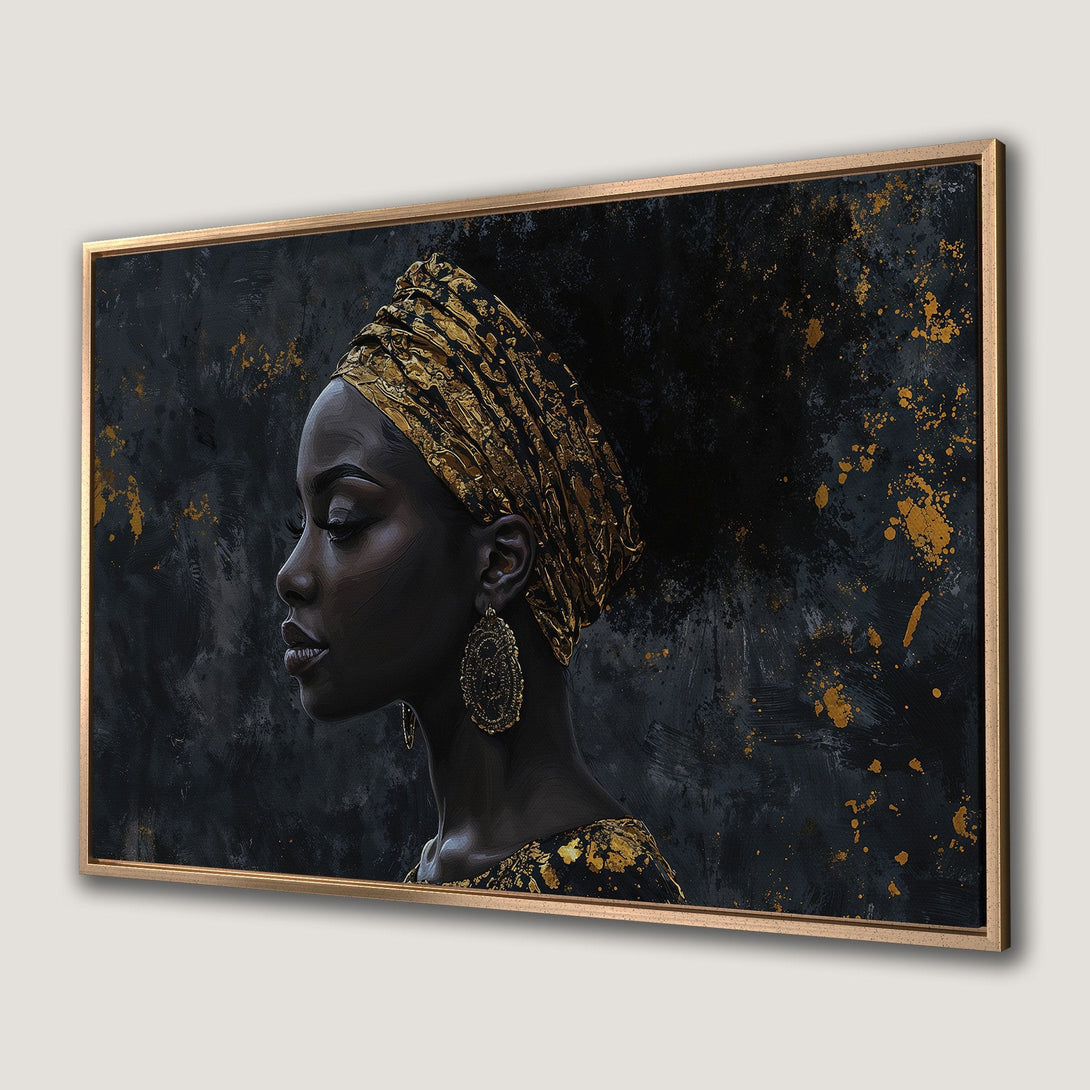 Framed Wall Art: Elegant portrait of a Black woman in gold and black. Modern art canvas print with a luxurious, artistic style.