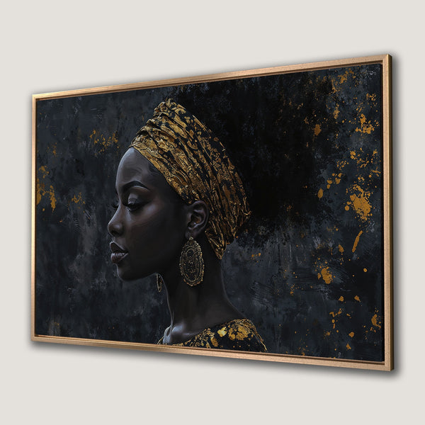 Framed Wall Art: Elegant portrait of a Black woman in gold and black. Modern art canvas print with a luxurious, artistic style.