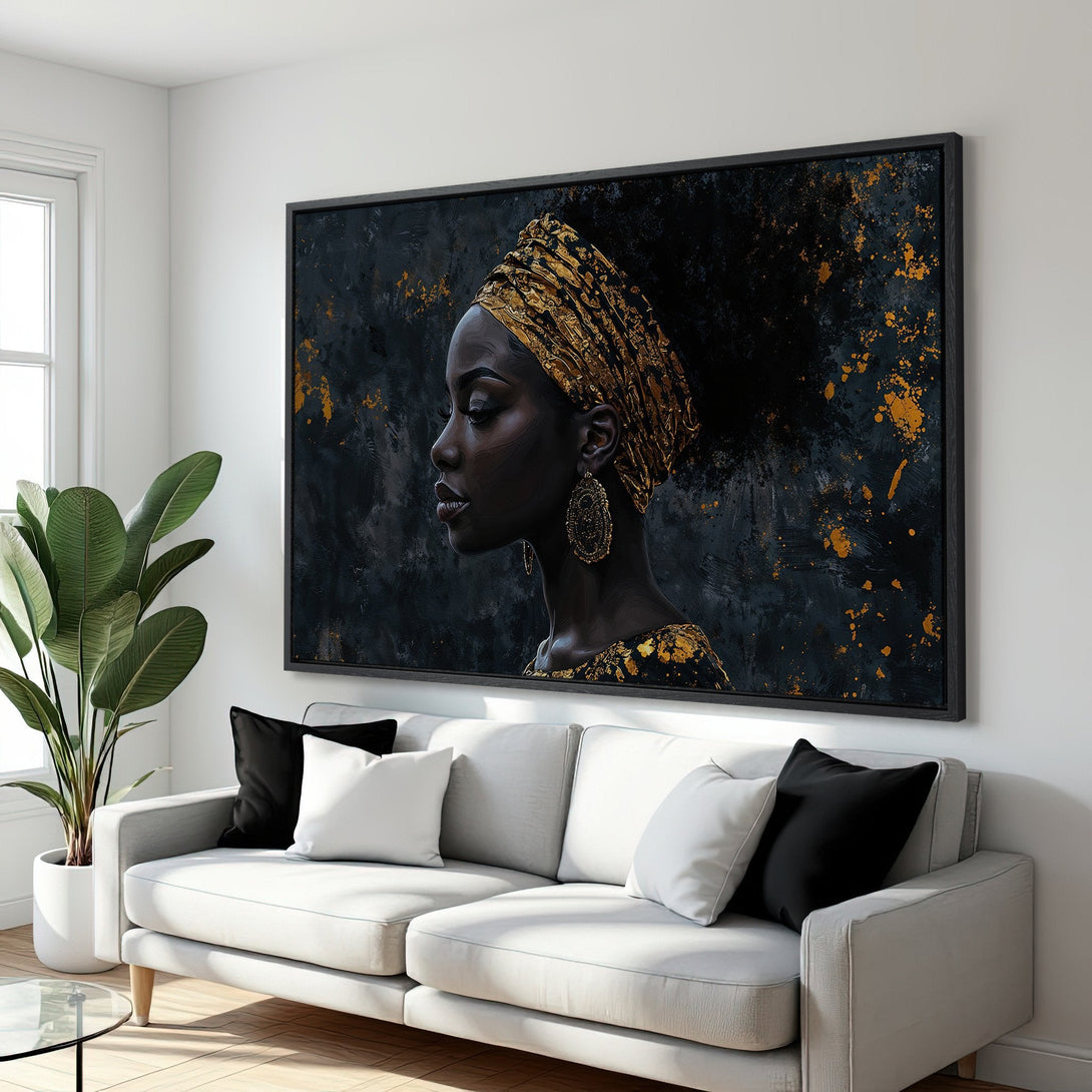 Framed Wall Art: Stunning portrait of a woman in gold head wrap. Modern art with a dark, moody background and gold accents. Elevate your space!