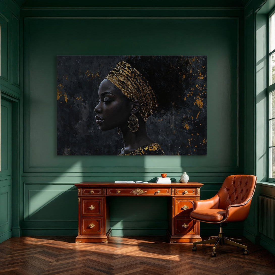 Framed Wall Art featuring an elegant Black woman portrait with gold accents, perfect for modern home decor. Dark & gold color palette.