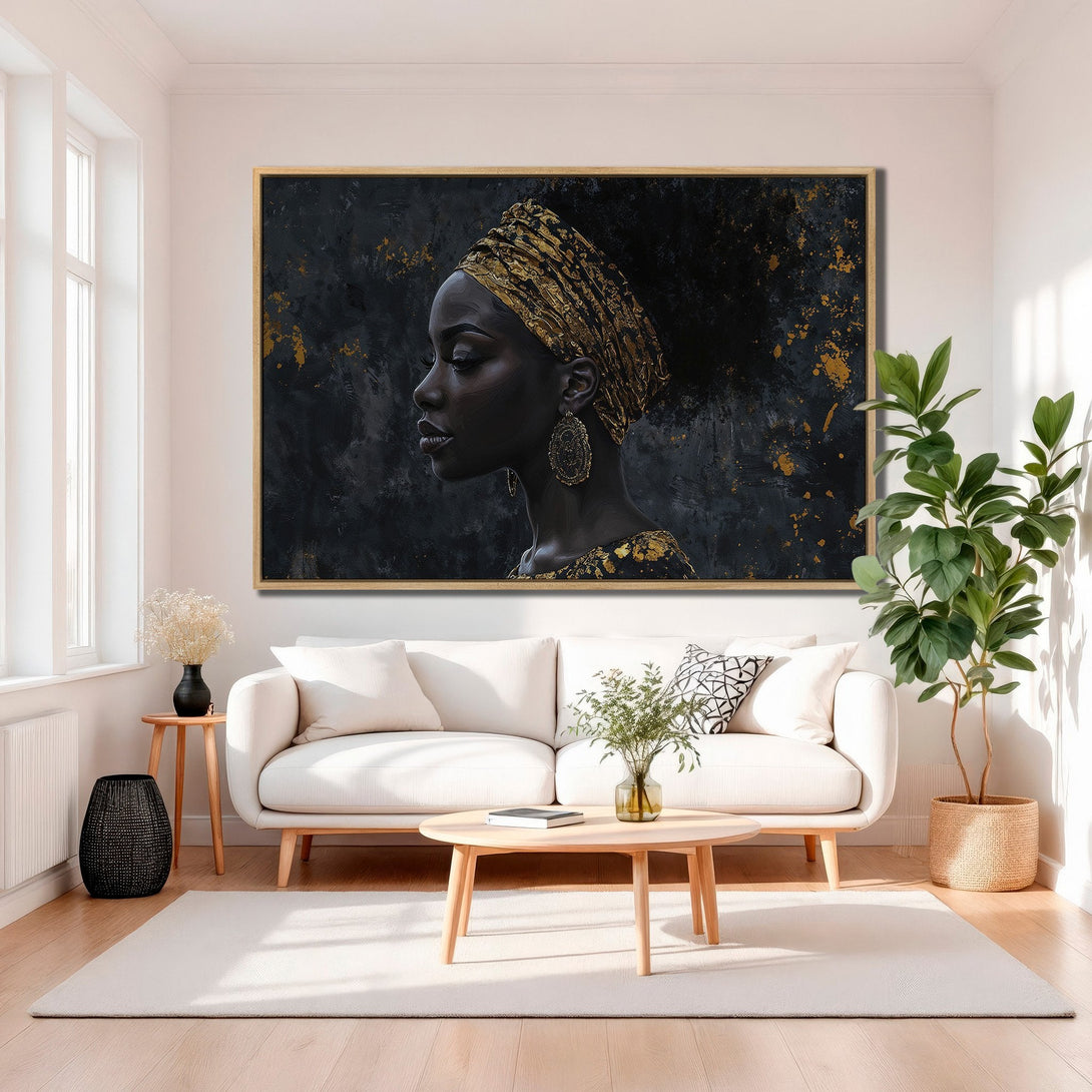 Framed Wall Art: Elegant portrait of a woman in gold and black. Modern abstract style with a luxurious, sophisticated color palette. Perfect for home decor.