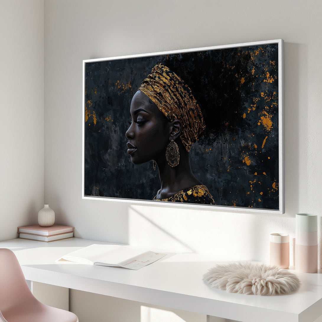 Framed Wall Art: Elegant portrait of a woman with gold accents on a dark, textured background. Perfect for modern decor.