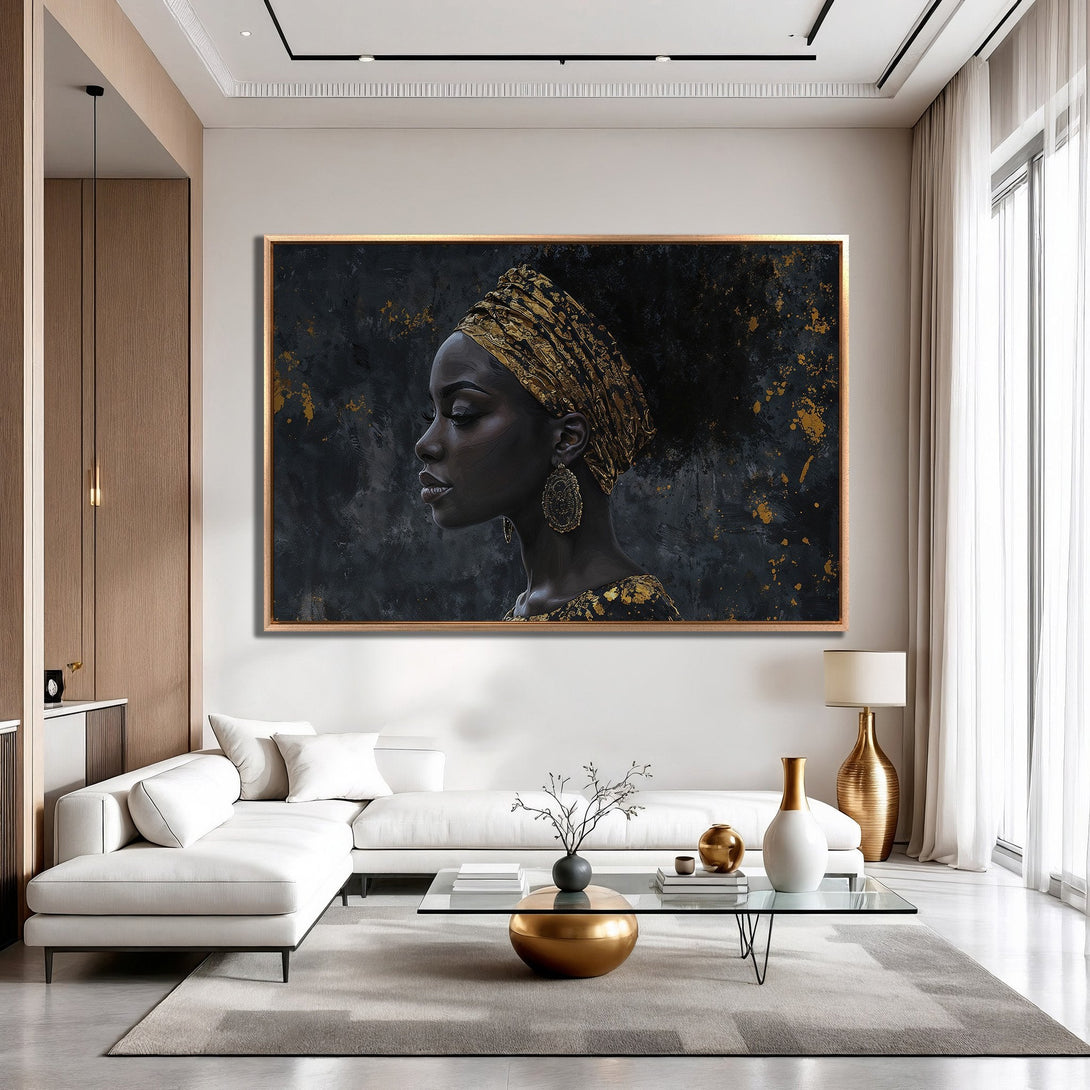 Framed Wall Art: Elegant portrait of a Black woman in gold and black, displayed in a modern interior. Stunning artwork for your home decor.