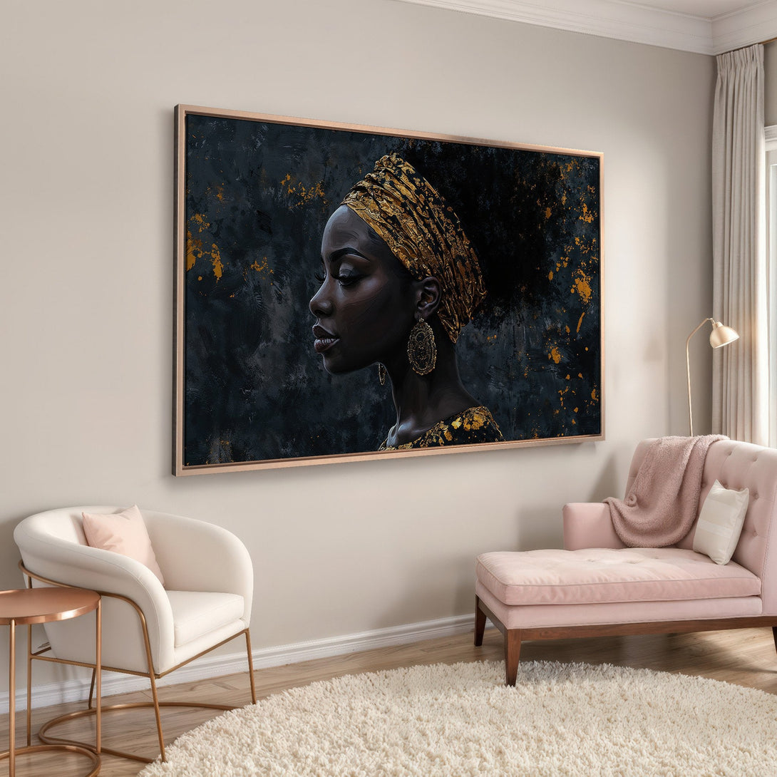 Framed Wall Art featuring a portrait of a woman in gold head wrap. Dark, moody art with gold accents. Elegant decor for your home.