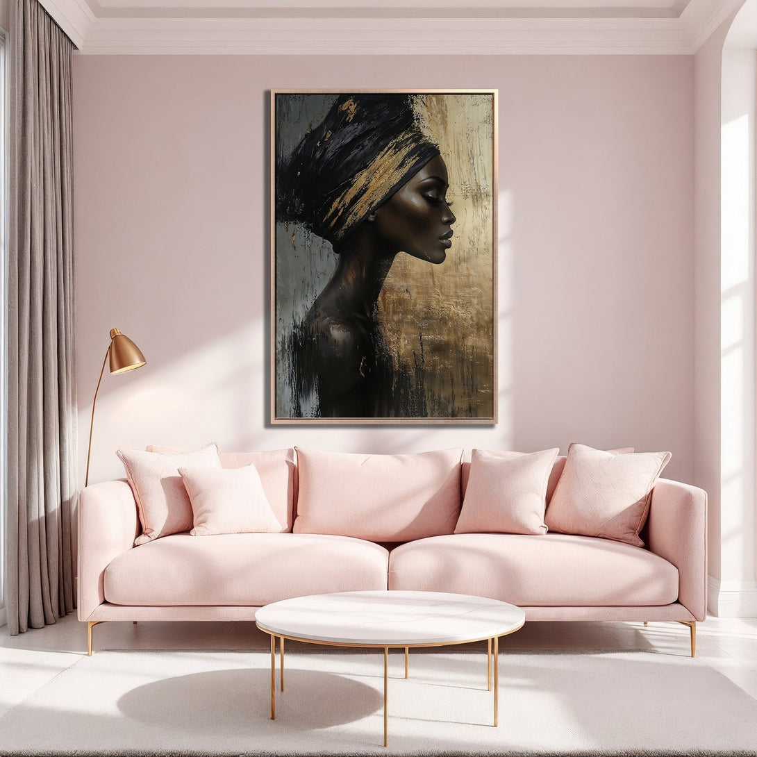 Framed Wall Art featuring an elegant Black woman in profile, gold & black abstract style. Perfect for modern decor, with a blush and gold color palette.
